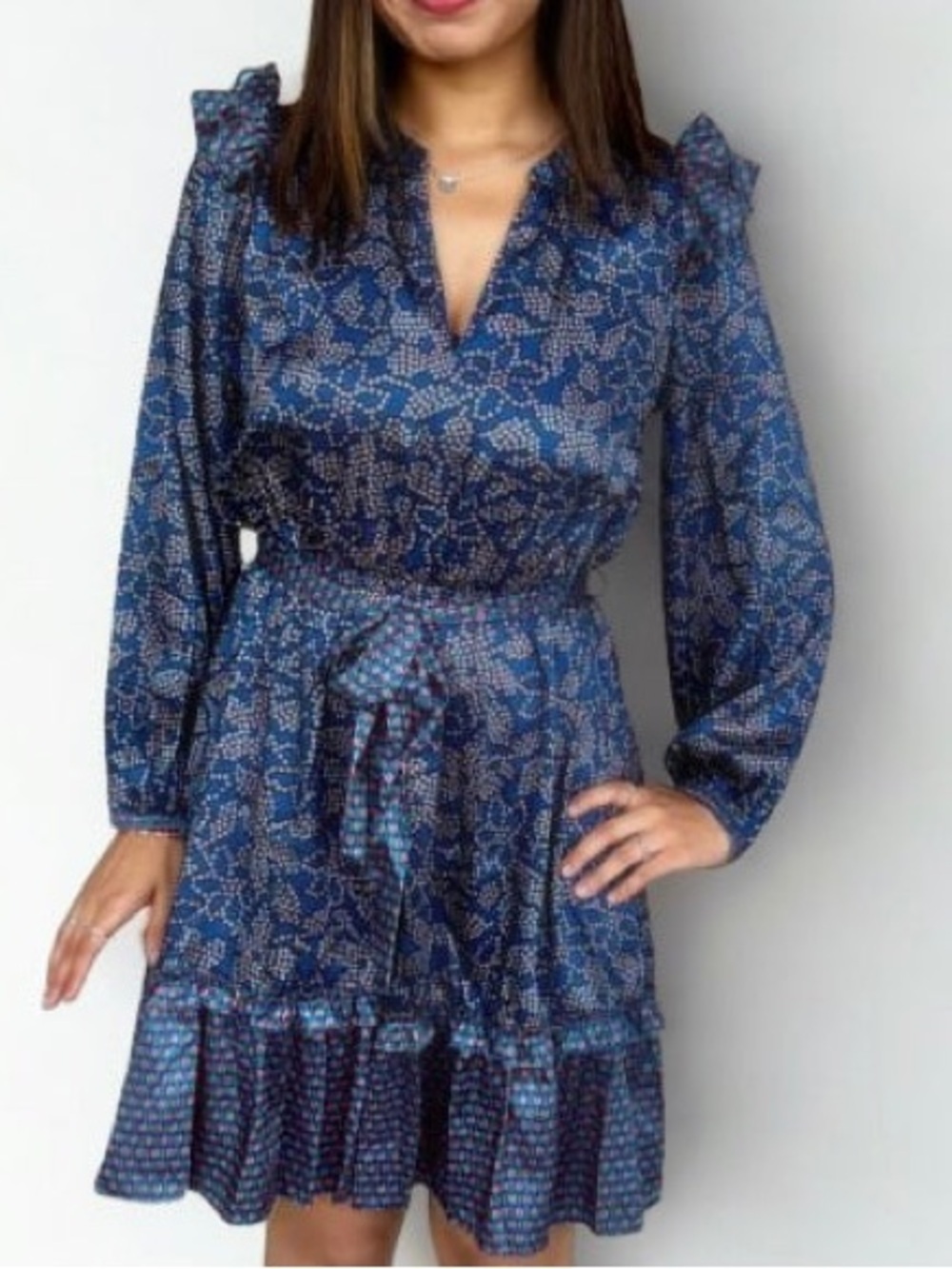 Current Air Navy Blue Printed Long Sleeve Ruffle Tie-Waist Dress- NWT